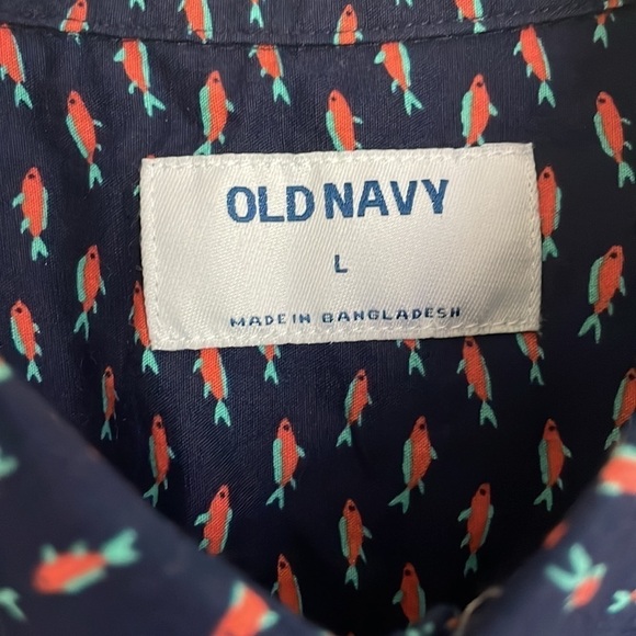 Old Navy Men’s Fish Pattern Camp Shirt Blue/Salmon L - Picture 4 of 6